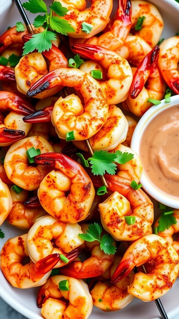 A close-up of grilled shrimp skewers with a spicy glaze, garnished with herbs on a wooden serving platter.